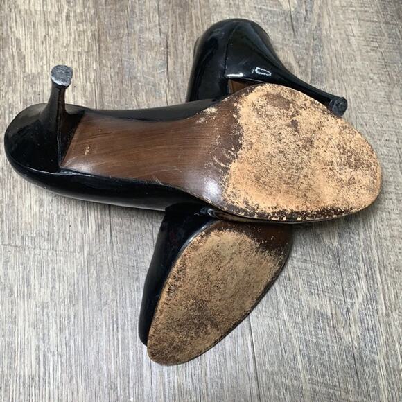 Stuart Weizman Patent Leather Peep Toe Pumps Black - Picture 6 of 8